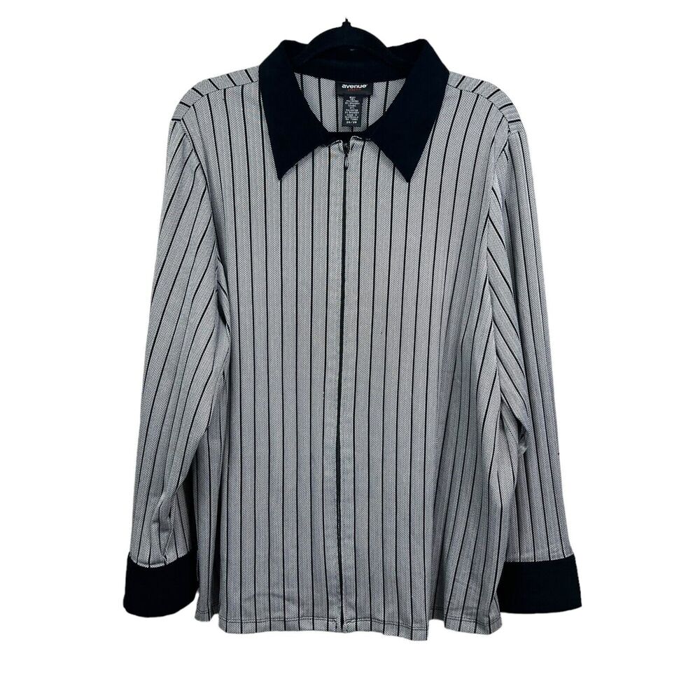 Avenue Womens Blouse Striped Collared Full Zip Long Sleeve Black Gray Sz 26/28*